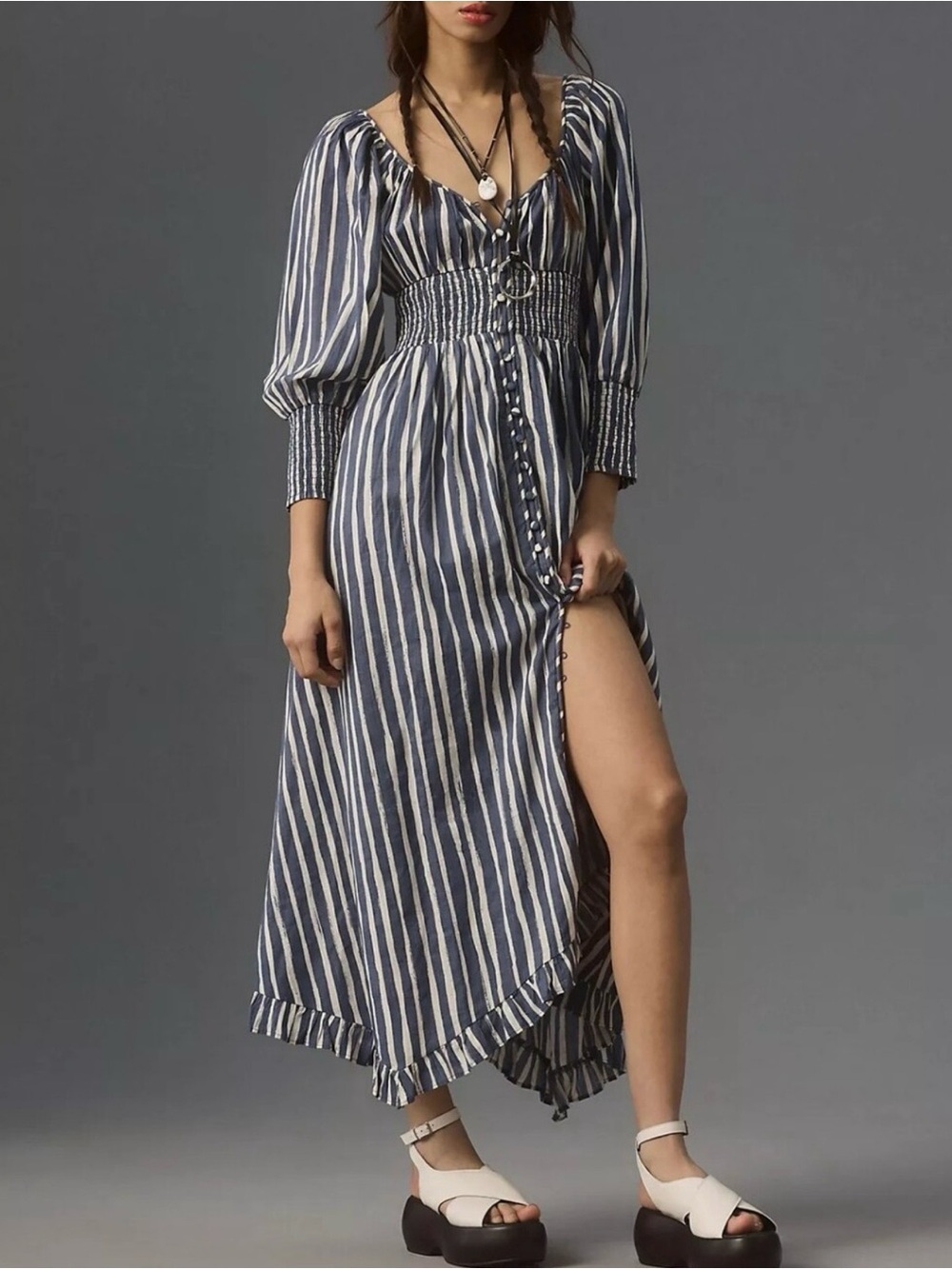 Anthropologie Sweetheart Long Sleeve Blue/White Striped Boho Maxi Dress Size S
